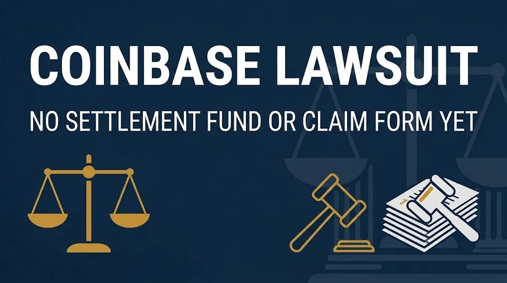 Coinbase lawsuit banner noting no settlement fund or claim form exists yet in 2026