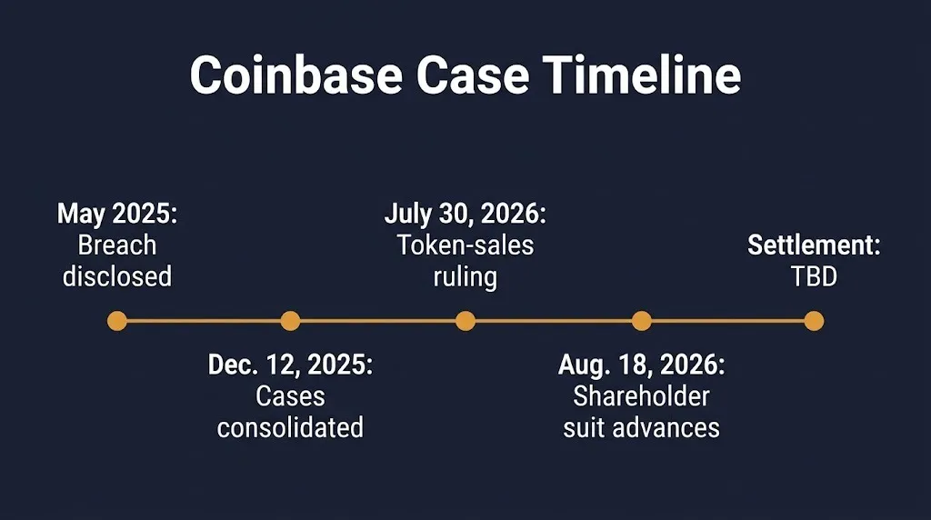 Coinbase lawsuit timeline from the May 2025 breach to 2026 rulings, with settlement marked TBD