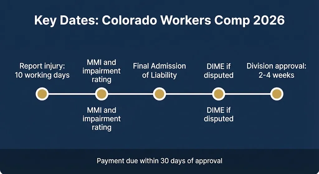 Colorado workers comp 2026 timeline showing key deadlines from injury report to settlement payment.