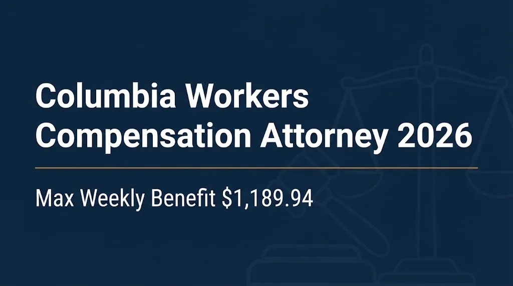 Columbia workers compensation attorney 2026 banner showing the $1,189.94 weekly benefit cap.