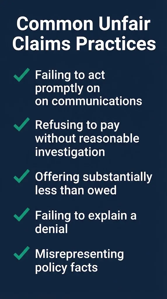 Common unfair claims settlement practice examples checklist showing prohibited insurer conduct.