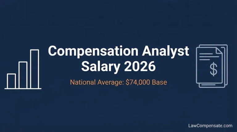 Compensation analyst salary 2026 infographic with national average $74,000 base pay.