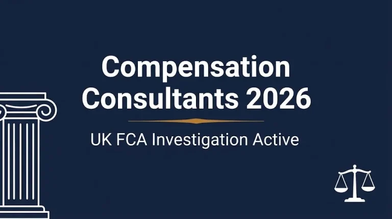 Compensation consultants 2026 hero banner with FCA investigation status and courthouse imagery.