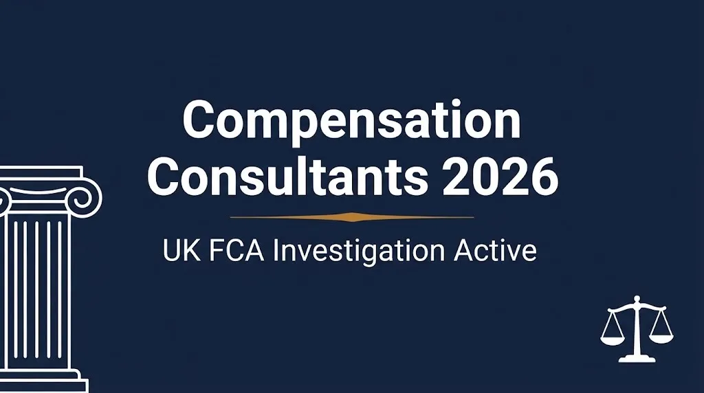Compensation consultants 2026 hero banner with FCA investigation status and courthouse imagery.