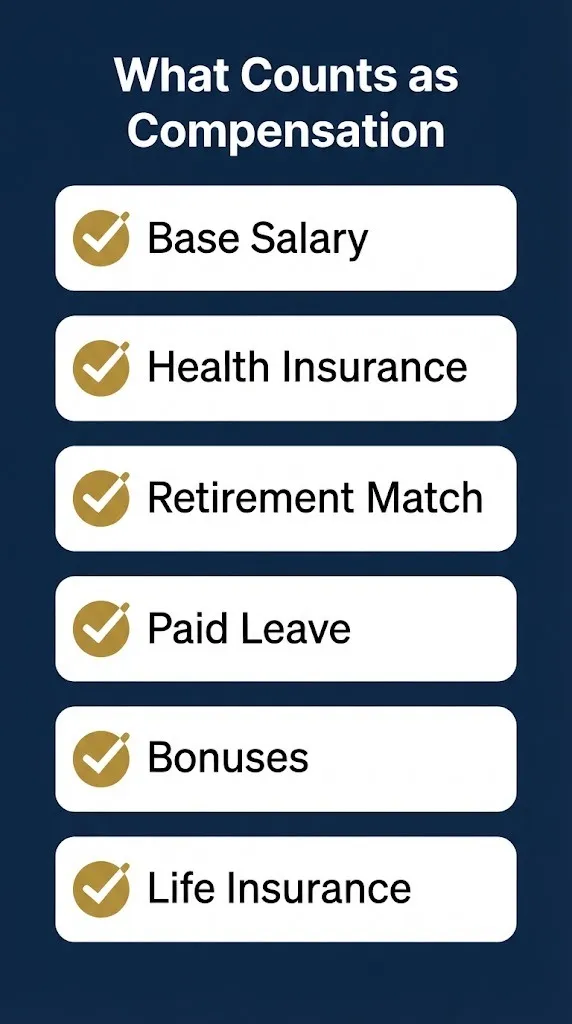 Compensation package components checklist showing salary health insurance retirement and paid leave