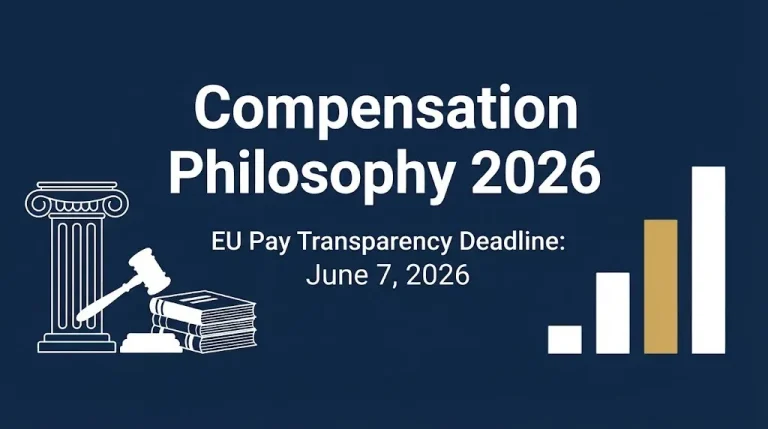 Compensation philosophy 2026 banner with EU pay transparency deadline June 7, 2026 and legal graphics