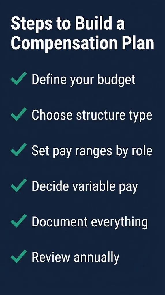 Compensation plan building steps checklist showing how to create and review employee pay structures.