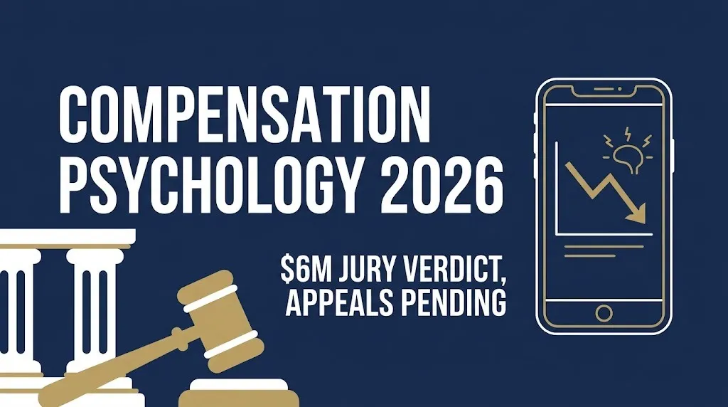 Compensation psychology 2026 banner showing $6M verdict and appeals pending in social media mental health case.