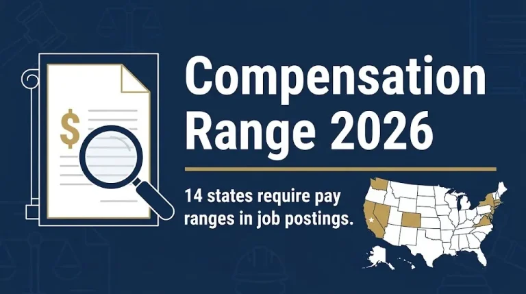 Compensation range 2026 banner showing 14 states require pay ranges in job postings.