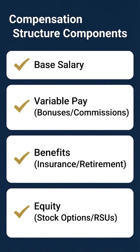 Compensation structure components checklist showing salary bonuses benefits and equity