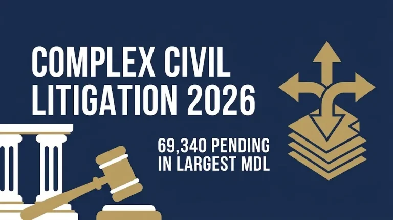 Complex civil litigation 2026 banner showing MDL scale with 69,340 pending actions in largest federal case.