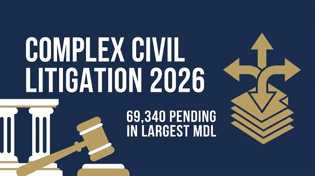 Complex civil litigation 2026 banner showing MDL scale with 69,340 pending actions in largest federal case.