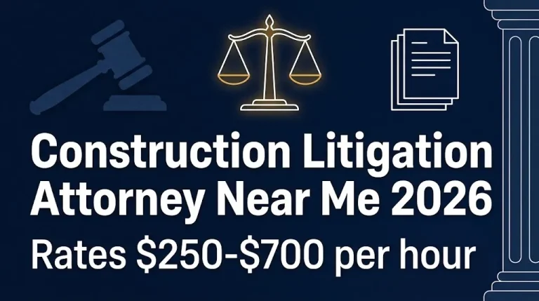 Construction litigation attorney near me 2026 banner showing hourly rate range of $250 to $700.