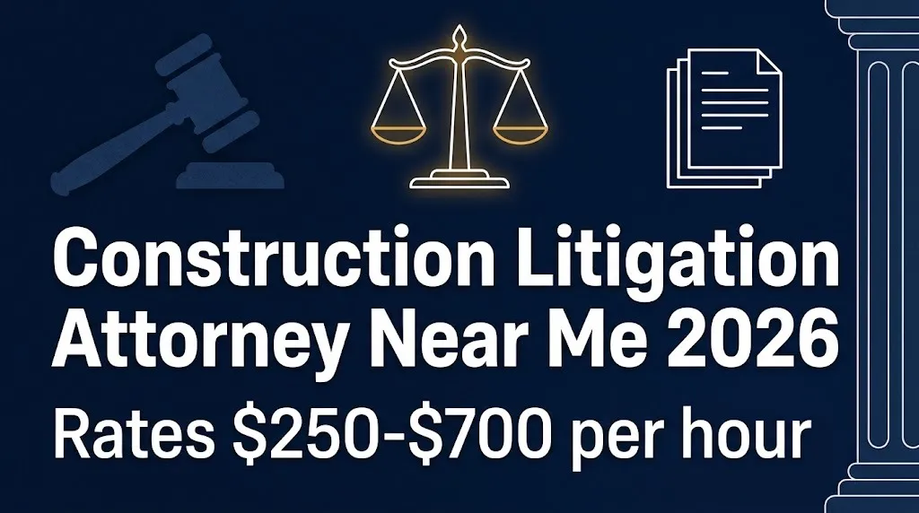 Construction litigation attorney near me 2026 banner showing hourly rate range of $250 to $700.