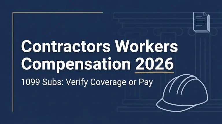 Contractors workers compensation 2026 banner warning to verify 1099 subcontractor coverage.