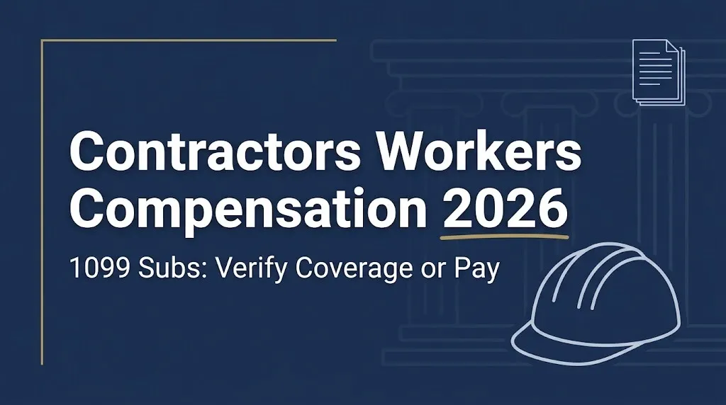 Contractors workers compensation 2026 banner warning to verify 1099 subcontractor coverage.