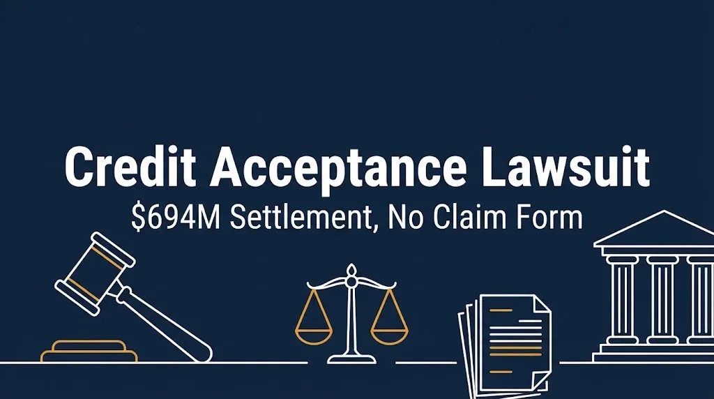 Credit Acceptance lawsuit banner noting a $694 million settlement with no claim form required