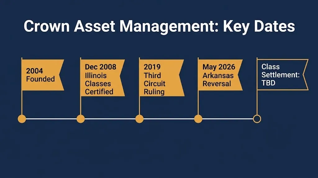 Crown Asset Management lawsuit timeline 2004 founding, 2008 class ruling, 2019 appeals ruling, 2026 Arkansas reversal