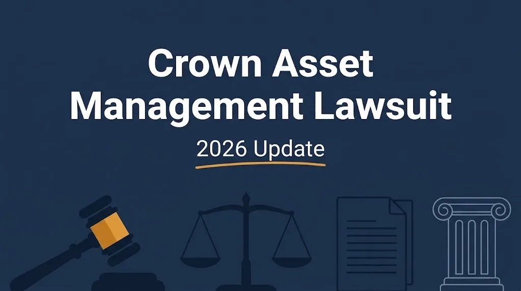 Crown asset management lawsuit 2026 update banner with gavel, scales, and courthouse column on navy background
