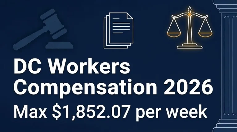 DC workers compensation 2026 banner showing max weekly rate of $1,852.07.