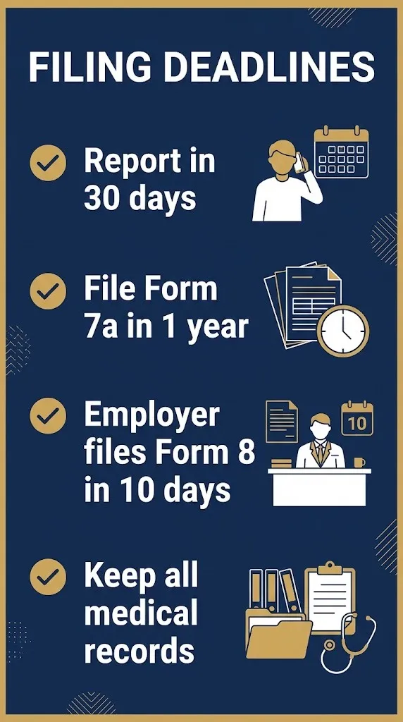 DC workers compensation filing deadlines checklist 30-day report, 1-year claim, employer 10-day report.