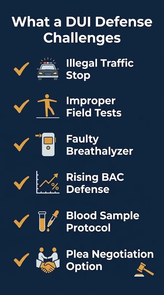 DUI defense checklist graphic showing six challenge areas including illegal stop, faulty breathalyzer, and rising BAC.