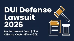 DUI defense lawsuit 2026 banner showing no settlement fund and first offense costs of $10,000 to $30,000.
