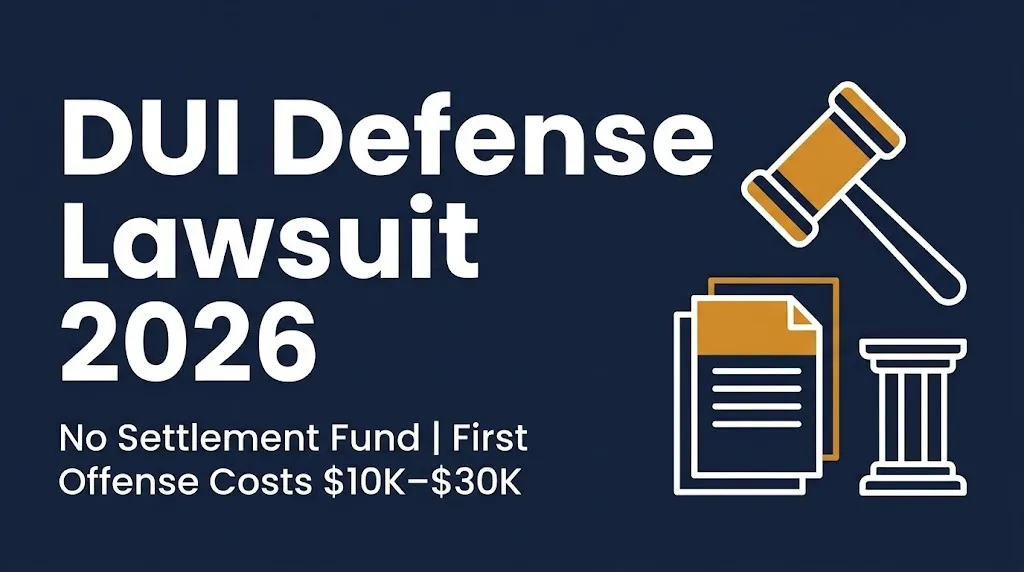 DUI defense lawsuit 2026 banner showing no settlement fund and first offense costs of $10,000 to $30,000.