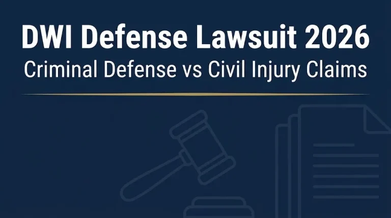 DWI defense lawsuit 2026 banner explaining criminal defense versus civil injury claims.
