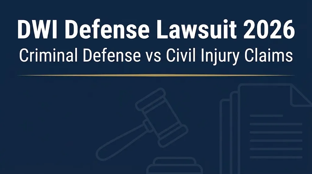 DWI defense lawsuit 2026 banner explaining criminal defense versus civil injury claims.