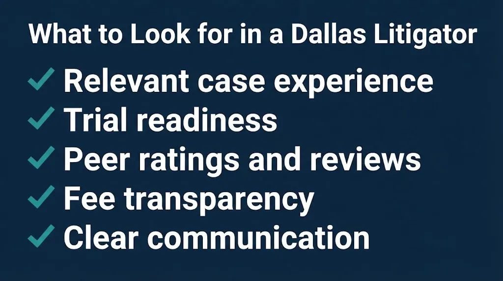 Dallas litigation attorney checklist graphic showing five key factors including experience and fee transparency.