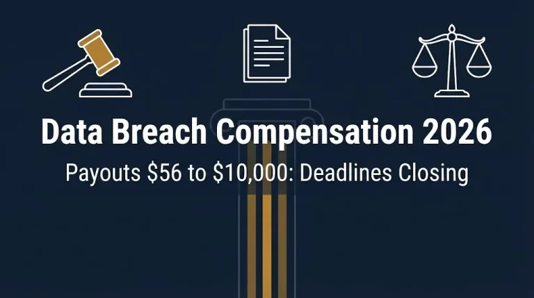 Data breach compensation 2026 banner with payout range and deadline information for settlements.