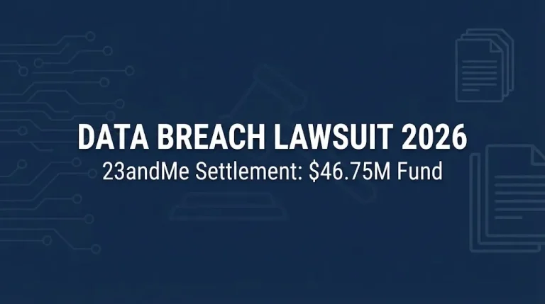 Data breach lawsuit 2026 hero banner with 23andMe settlement fund amount