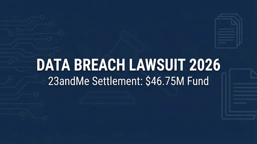 Data breach lawsuit 2026 hero banner with 23andMe settlement fund amount