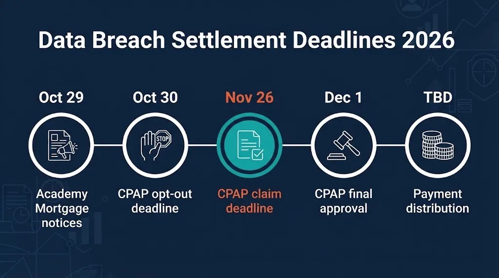 Data breach settlement deadline timeline graphic showing 2026 claim dates from October to December.