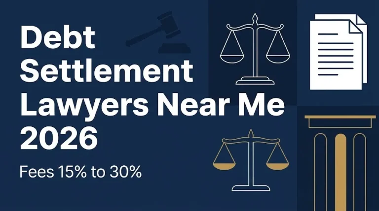 Debt settlement lawyers near me 2026 banner showing attorney fee range of 15 to 30 percent.
