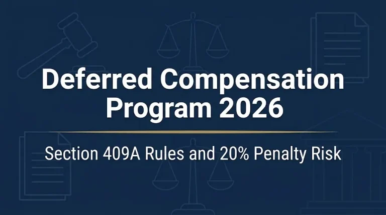 Deferred compensation program 2026 banner showing Section 409A rules and 20% penalty risk.