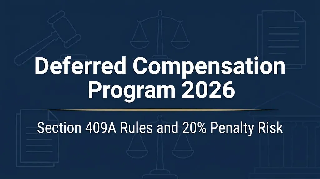 Deferred compensation program 2026 banner showing Section 409A rules and 20% penalty risk.