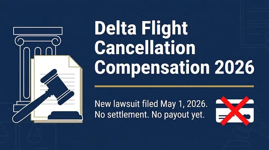 Delta flight cancellation compensation 2026 hero banner showing a gavel and a blocked refund icon.