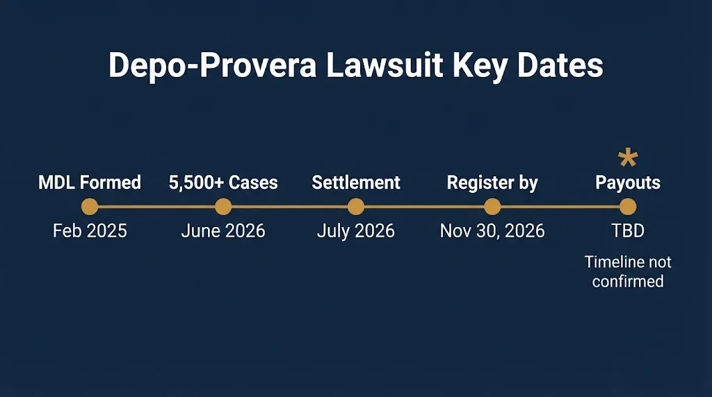 Depo-Provera birth control lawsuit timeline showing key dates from MDL formation to settlement registration deadline.