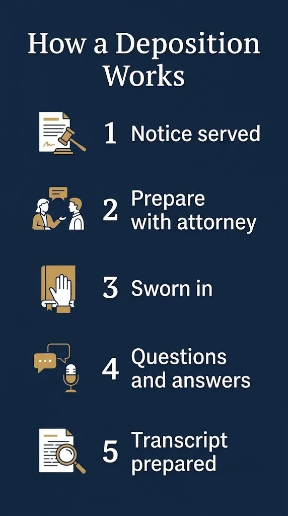 Deposition process steps notice served, preparation, oath, questioning, transcript prepared.