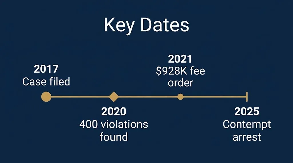 Diesel Brothers lawsuit timeline 2017 filing, 2020 violations, 2021 fee order, 2025 contempt arrest.