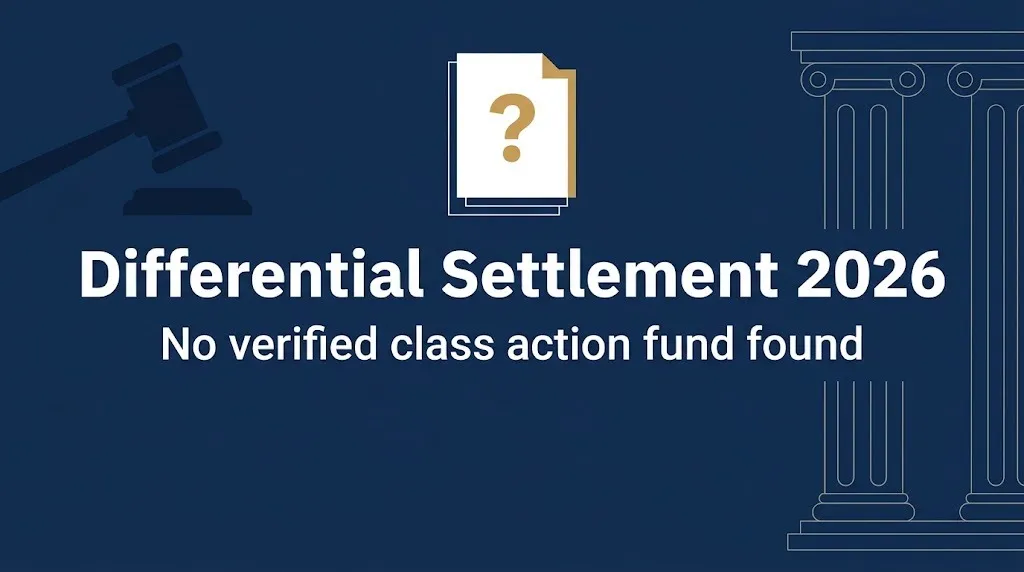 Differential Settlement 2026 banner stating no verified class action fund was found.