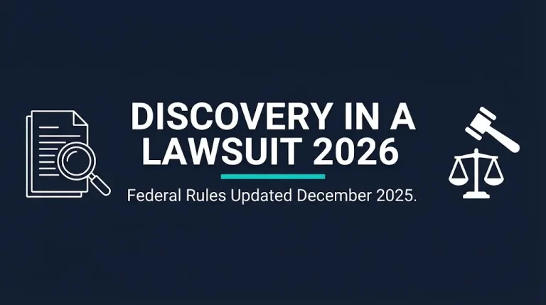 Discovery in a lawsuit 2026 guide banner showing federal rule updates and pre-trial information exchange.