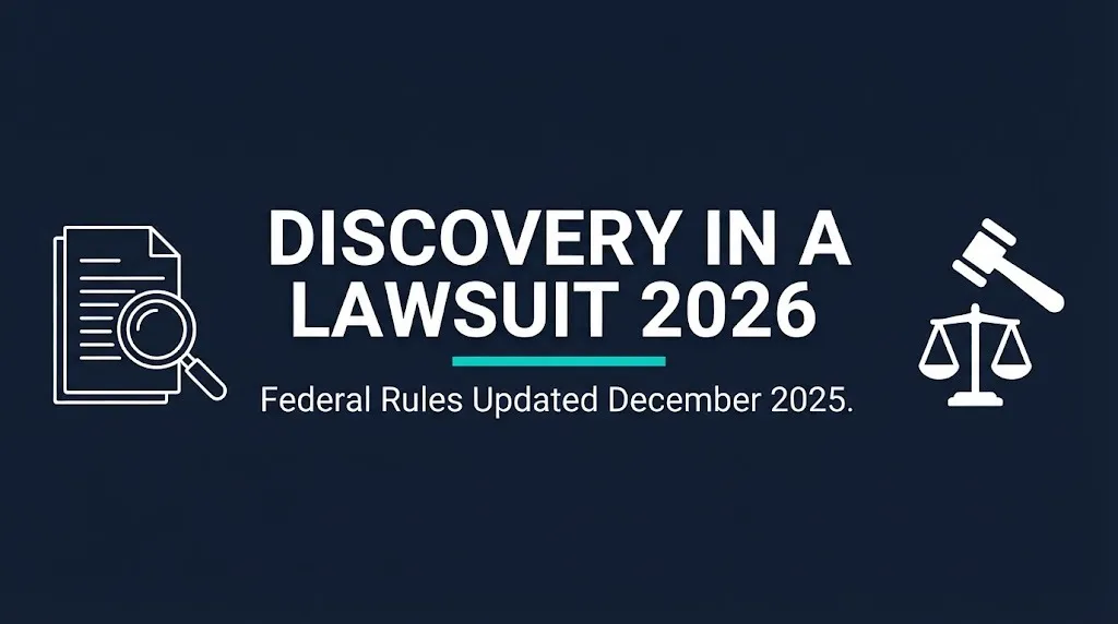 Discovery in a lawsuit 2026 guide banner showing federal rule updates and pre-trial information exchange.