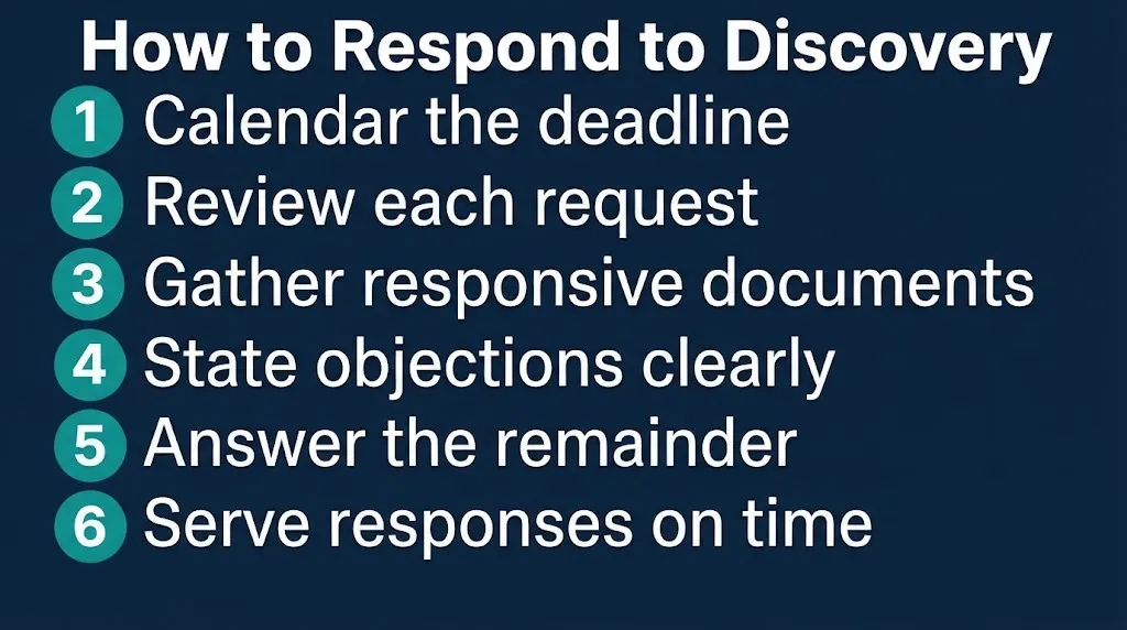 Discovery response steps graphic showing six numbered actions from calendaring deadlines to serving responses.