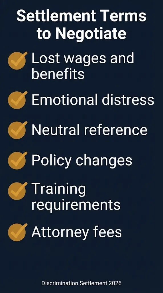 Discrimination settlement terms checklist including monetary and non-monetary items