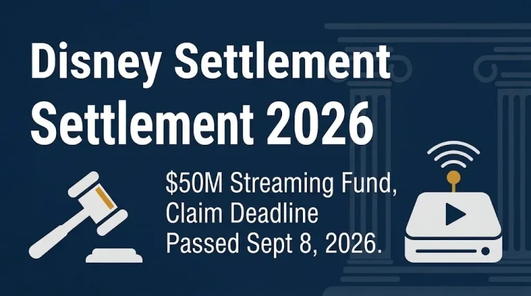 Disney settlement 2026 banner showing $50 million streaming fund and September 8 claim deadline.
