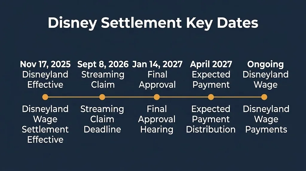 Disney settlement timeline graphic showing 2025 through 2027 key dates for streaming and wage settlements.