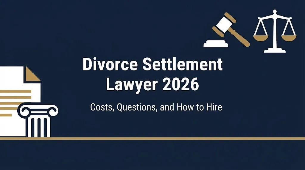 Divorce settlement lawyer 2026 hero banner showing costs, questions, and how to hire an attorney.